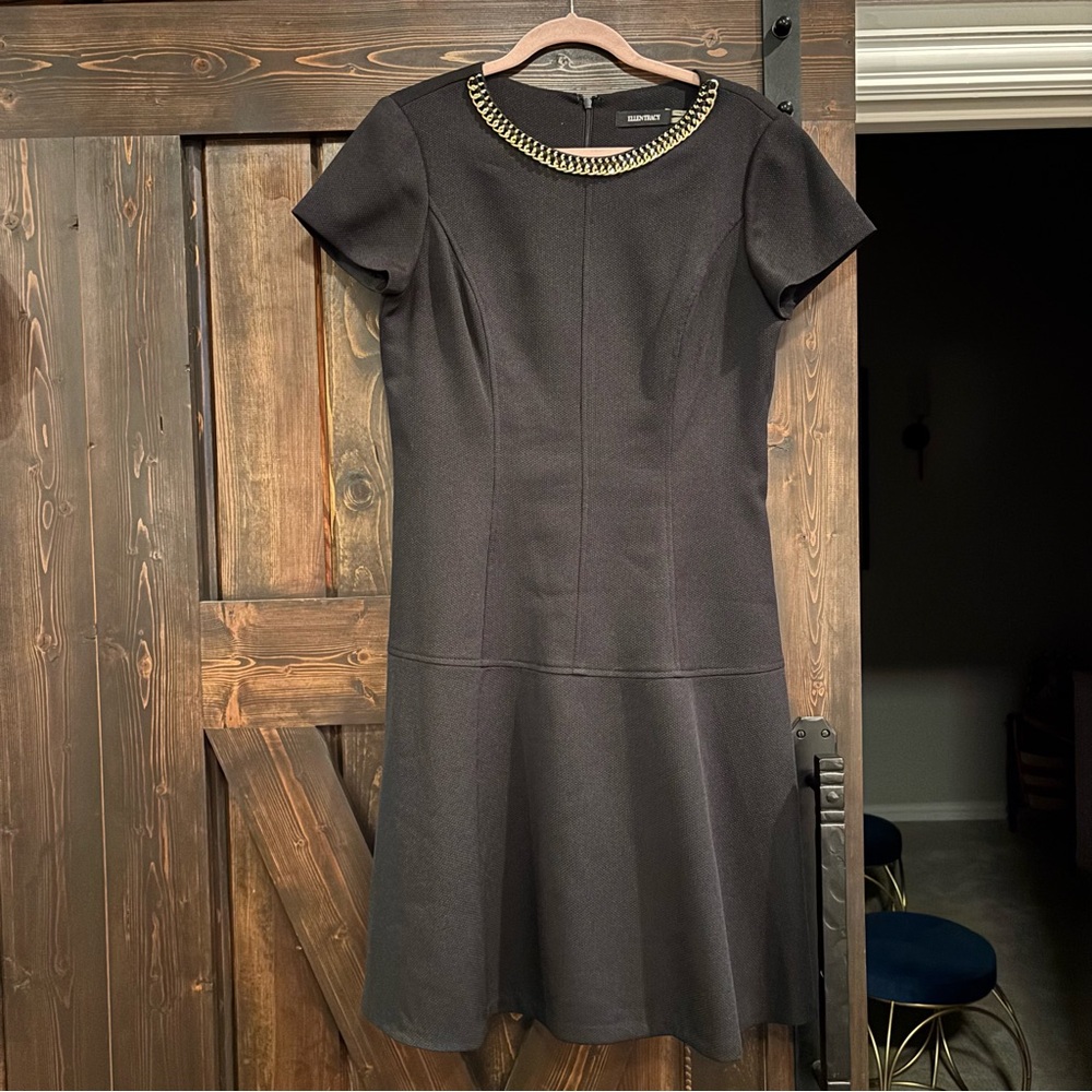 Ellen Tracy Black Short Sleeve Dress with Gold Chain Neckline Accent